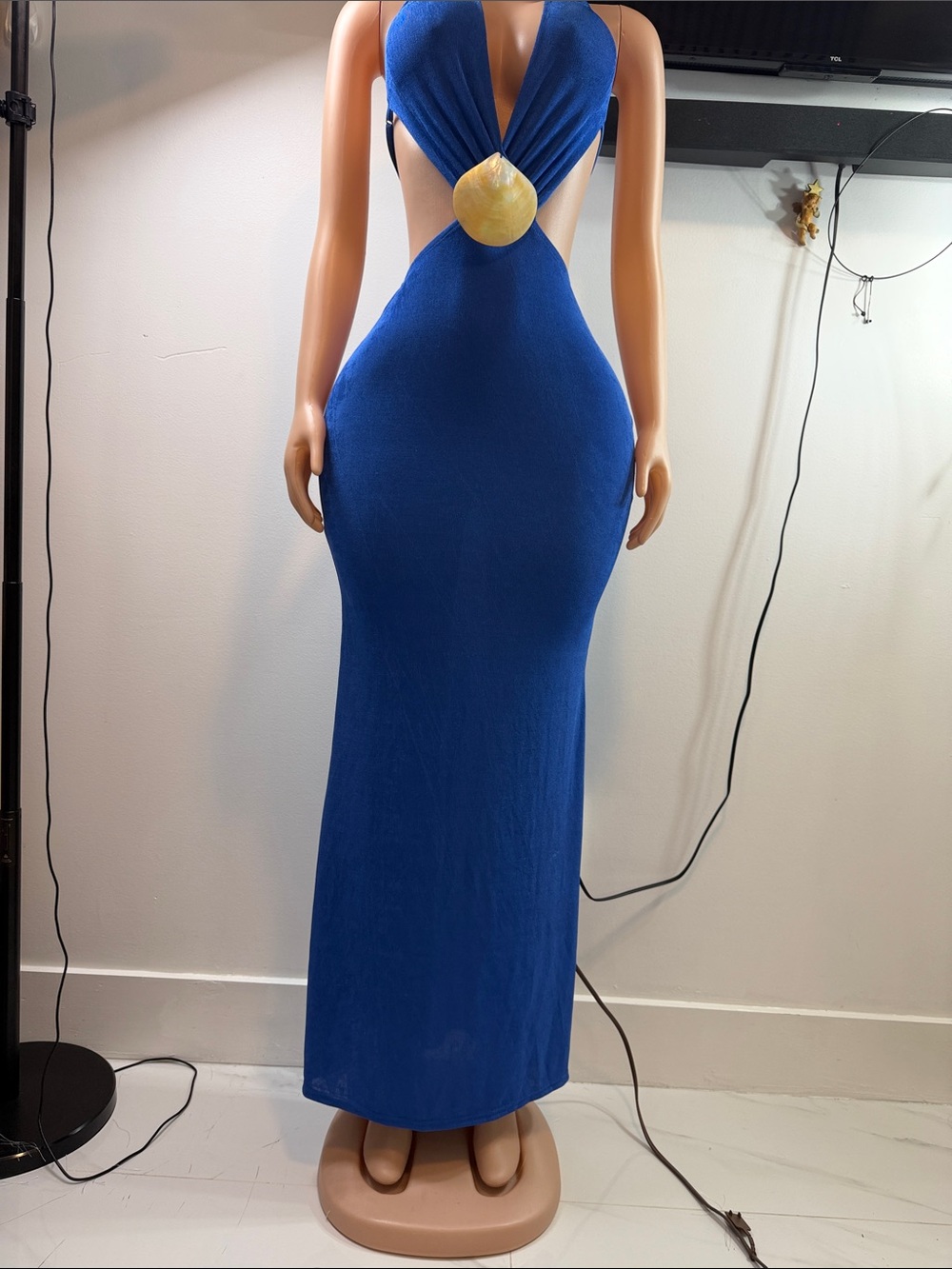 Elegant Royal Blue Cutout Maxi Dress with Gold Accent